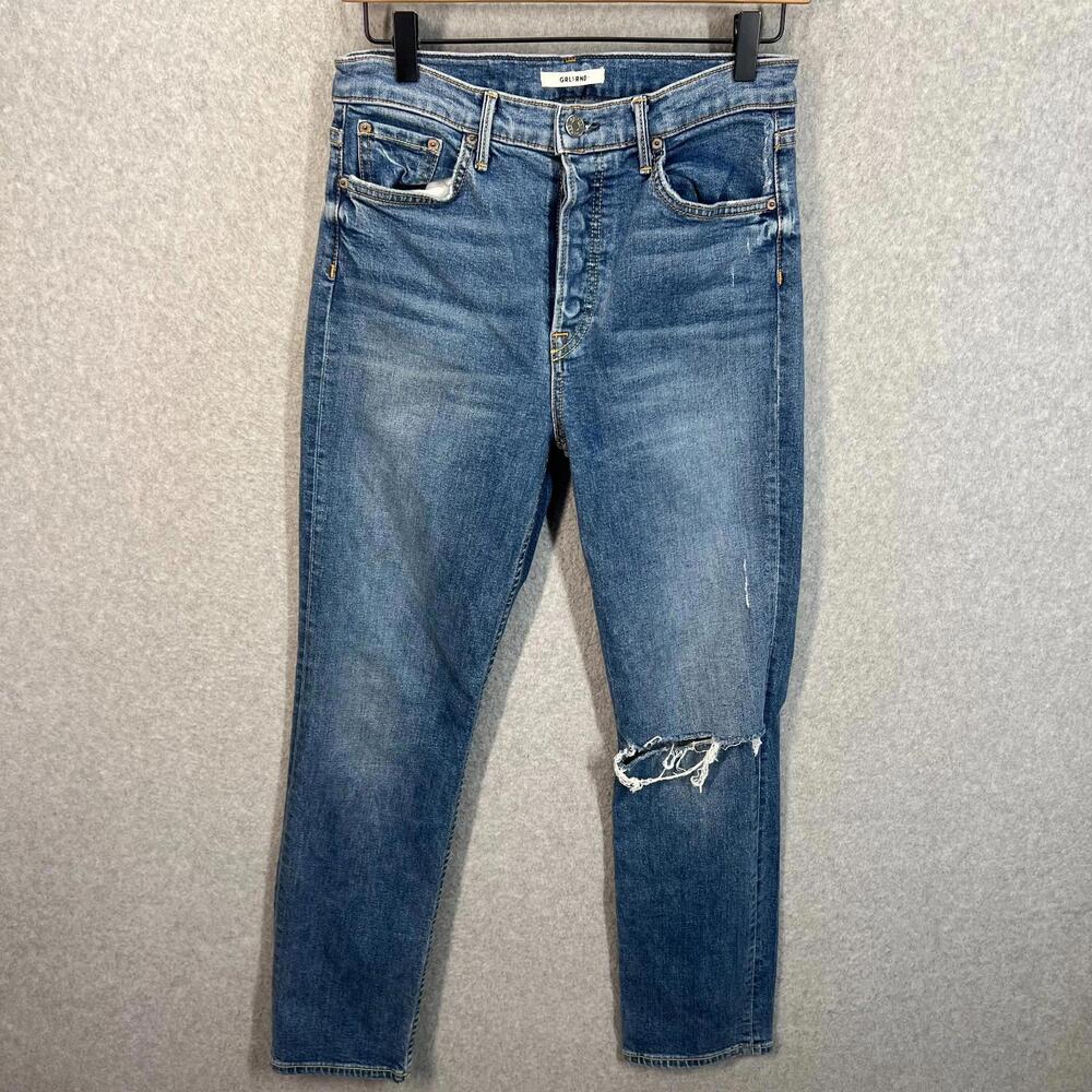 GRLFRND High Rise Reed‎ Cropped Straight Leg Jeans Size 27 Button Fly Sandblast